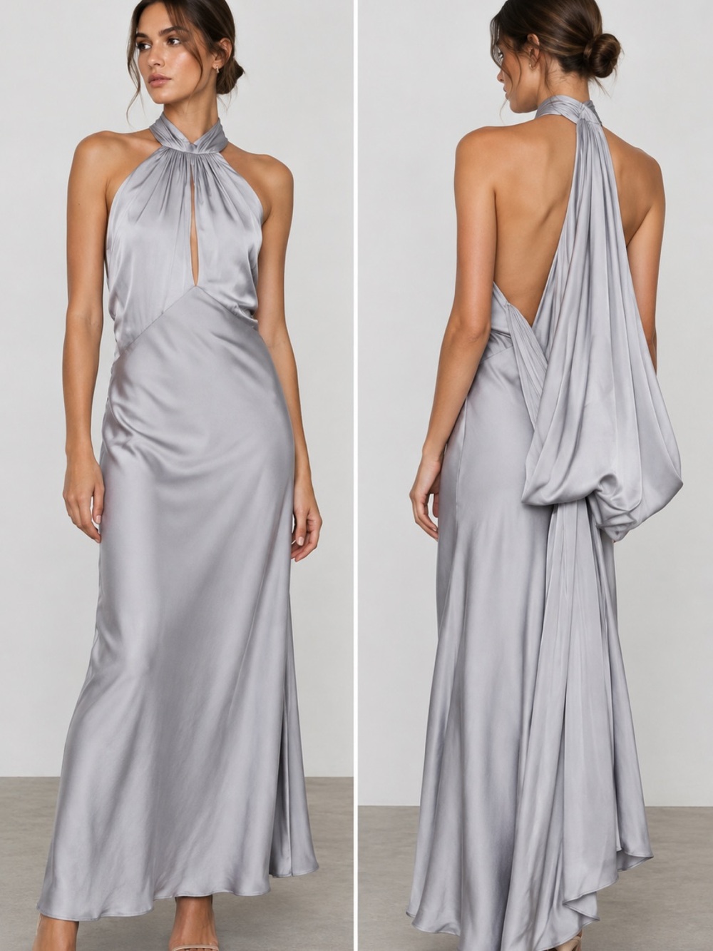 Zara Limited Edition Satin Effect Halter Midi Dress Silver Gray NWT M 9028/824